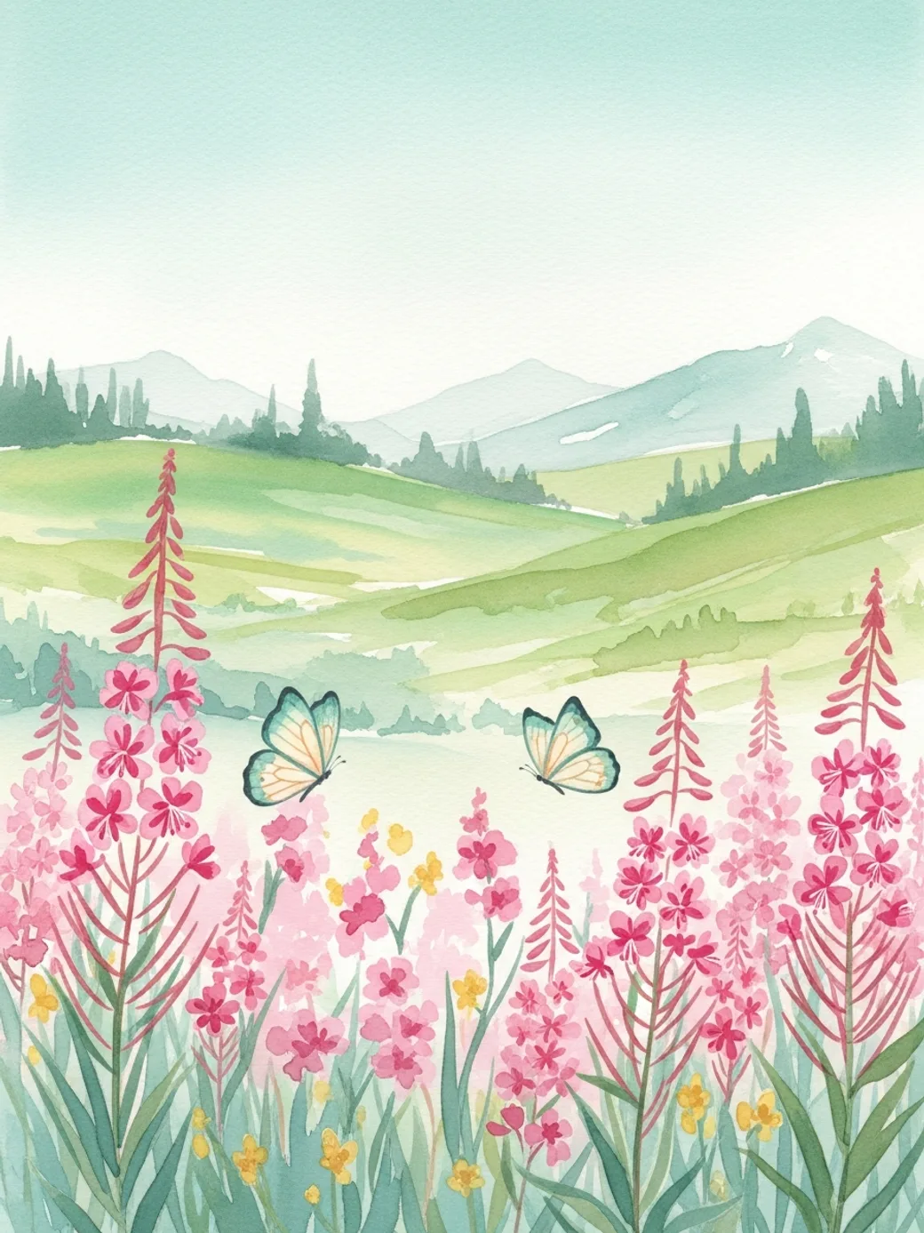 Soft watercolor illustration of an Alaska wildflower meadow with fireweed and butterflies