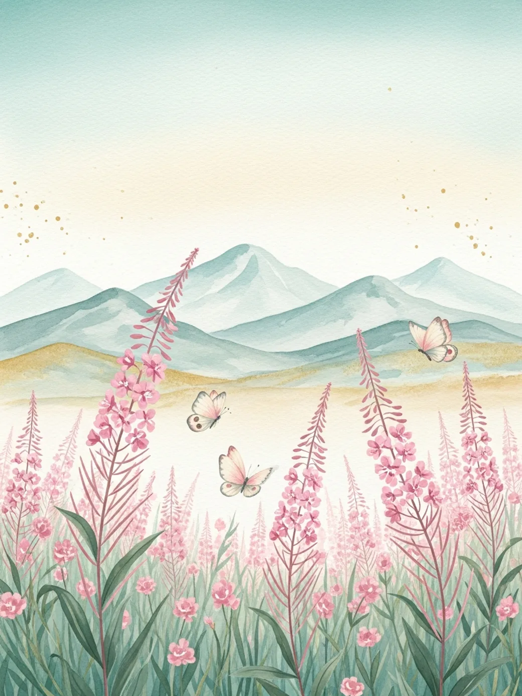 Soft watercolor illustration of Alaska fireweed wildflowers, mountains, and butterflies