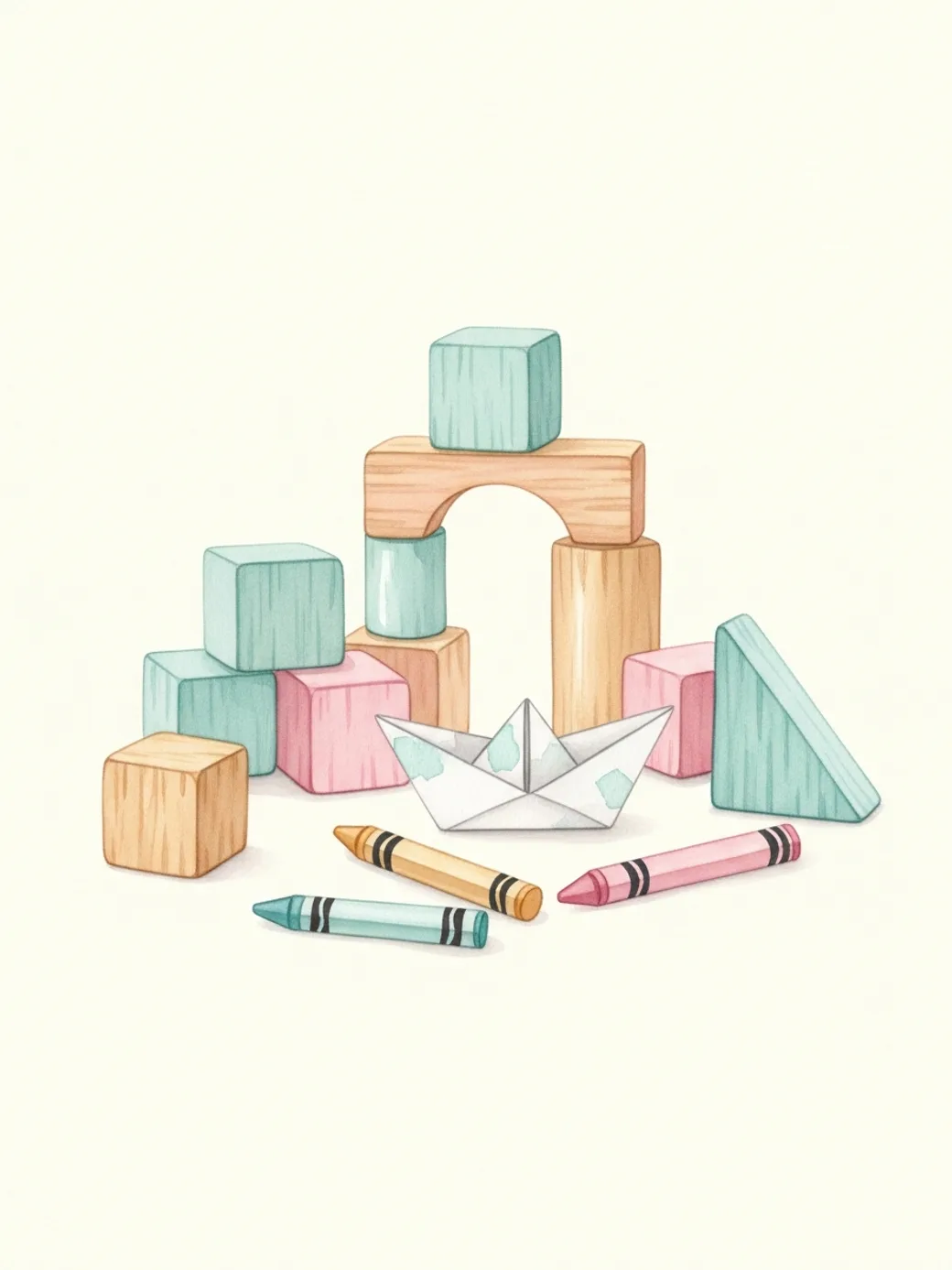 Soft watercolor illustration of colorful building blocks, crayons, and a paper boat